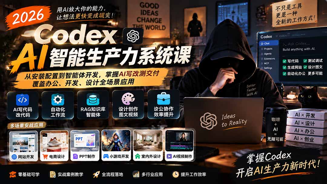 2026 Codex AI智能生产力系统课-更新|从安装配置到智能体开发,掌握AI写改测交付,覆盖办公、开发、设计全场景应用-摇钱树