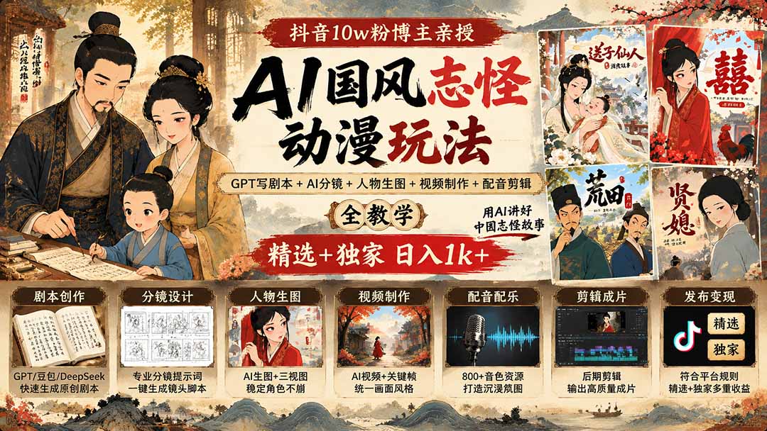 抖音10w粉博主亲授AI国风志怪动漫玩法｜GPT写剧本+AI分镜+人物生图+视频制作+配音剪辑全教学｜精选+独家日入1k+-摇钱树