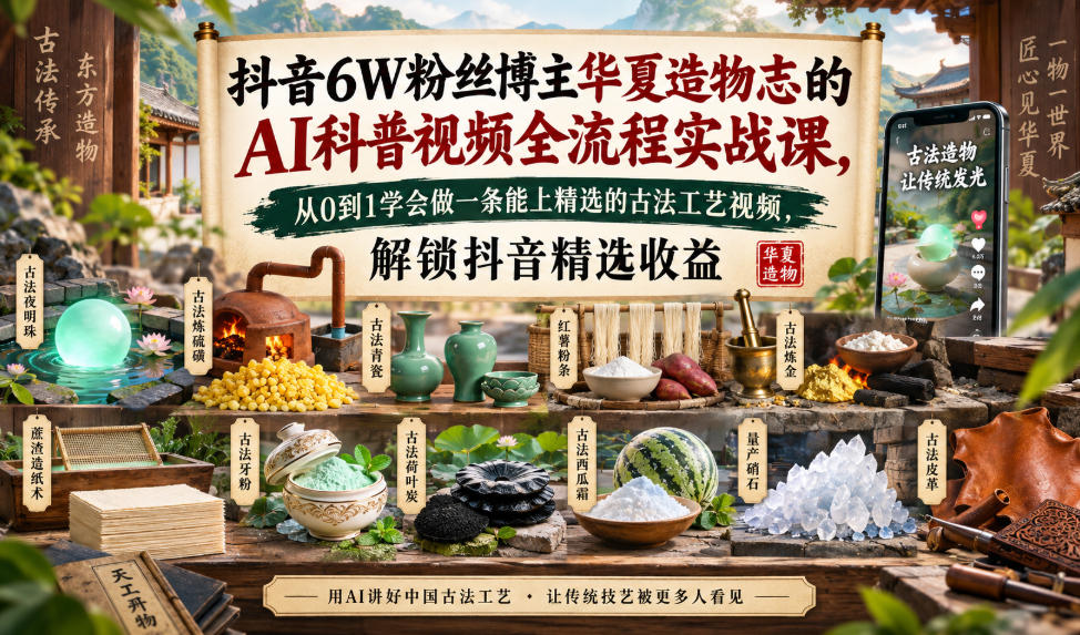 抖音6W粉丝博主华夏造物志的AI科普视频全流程实战课,从0到1学会做一条能上精选的古法工艺视频,解锁抖音精选收益-摇钱树