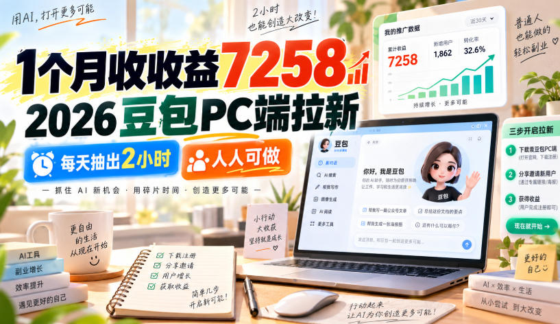 1个月收收益7258，2026豆包PC端拉新，每天抽出2小时，人人可做-摇钱树