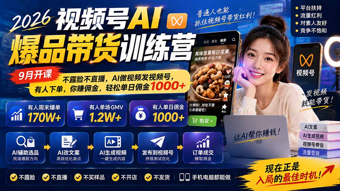 2026视频号AI爆品带货训练营-9月开课|不露脸不直播,AI做视频发视频号,有人下单,你赚佣金,轻松单日佣金1000+-项目站点