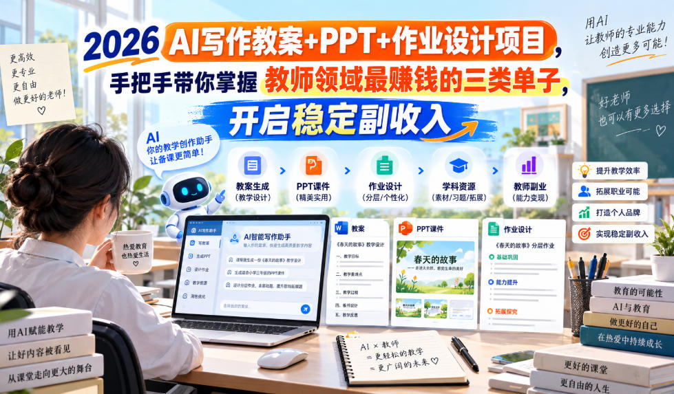 2026 AI写作教案+PPT+作业设计项目,手把手带你掌握教师领域最賺钱的三类单子,开启稳定副收入-摇钱树