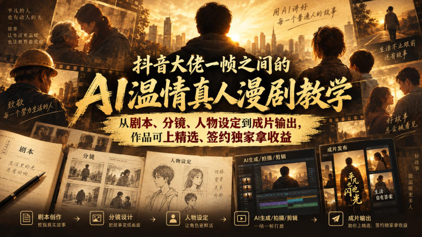 抖音大佬一帧之间的AI温情真人漫剧教学,从剧本、分镜、人物设定到成片输出,作品可上精选、签约独家拿收益-摇钱树