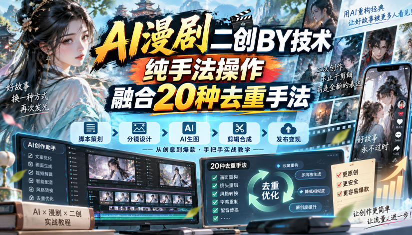 AI漫剧二创搬运技术,纯手法操作,融合20种去重手法-摇钱树
