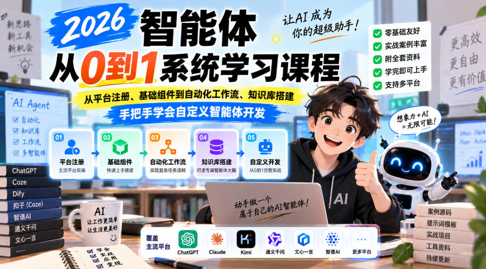 2026智能体从0到1系统学习课程，从平台注册、基础组件到自动化工作流、知识库搭建，手把手学会自定义智能体开发-摇钱树
