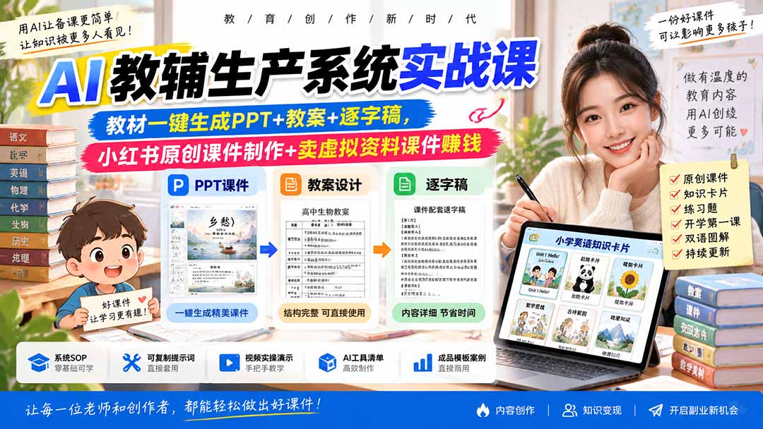 AI教辅生产系统实战课|教材一键生成PPT+教案+逐字稿,小红书原创课件制作+卖虚拟资料课件赚钱-摇钱树