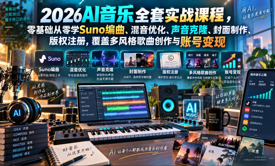 2026AI音乐实战课程,零基础从零学Suno编曲、混音优化、声音克隆、版权注册,覆盖多风格歌曲创作与账号变现-摇钱树