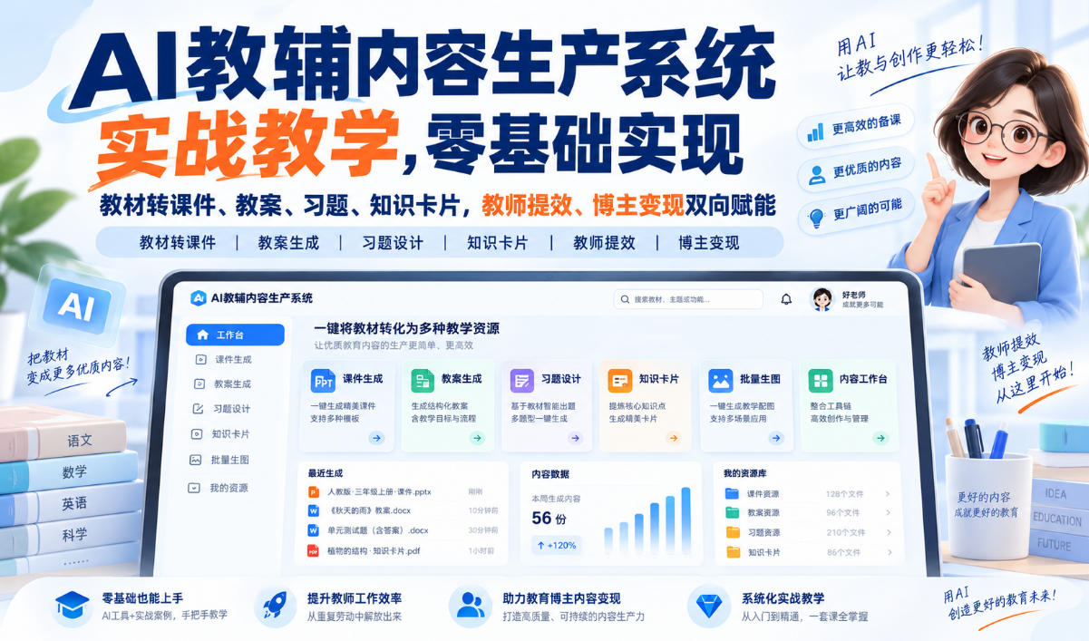 AI教辅内容生产系统实战教学，零基础实现教材转课件、教案、习题、知识卡片，教师提效、博主变现双向赋能-摇钱树
