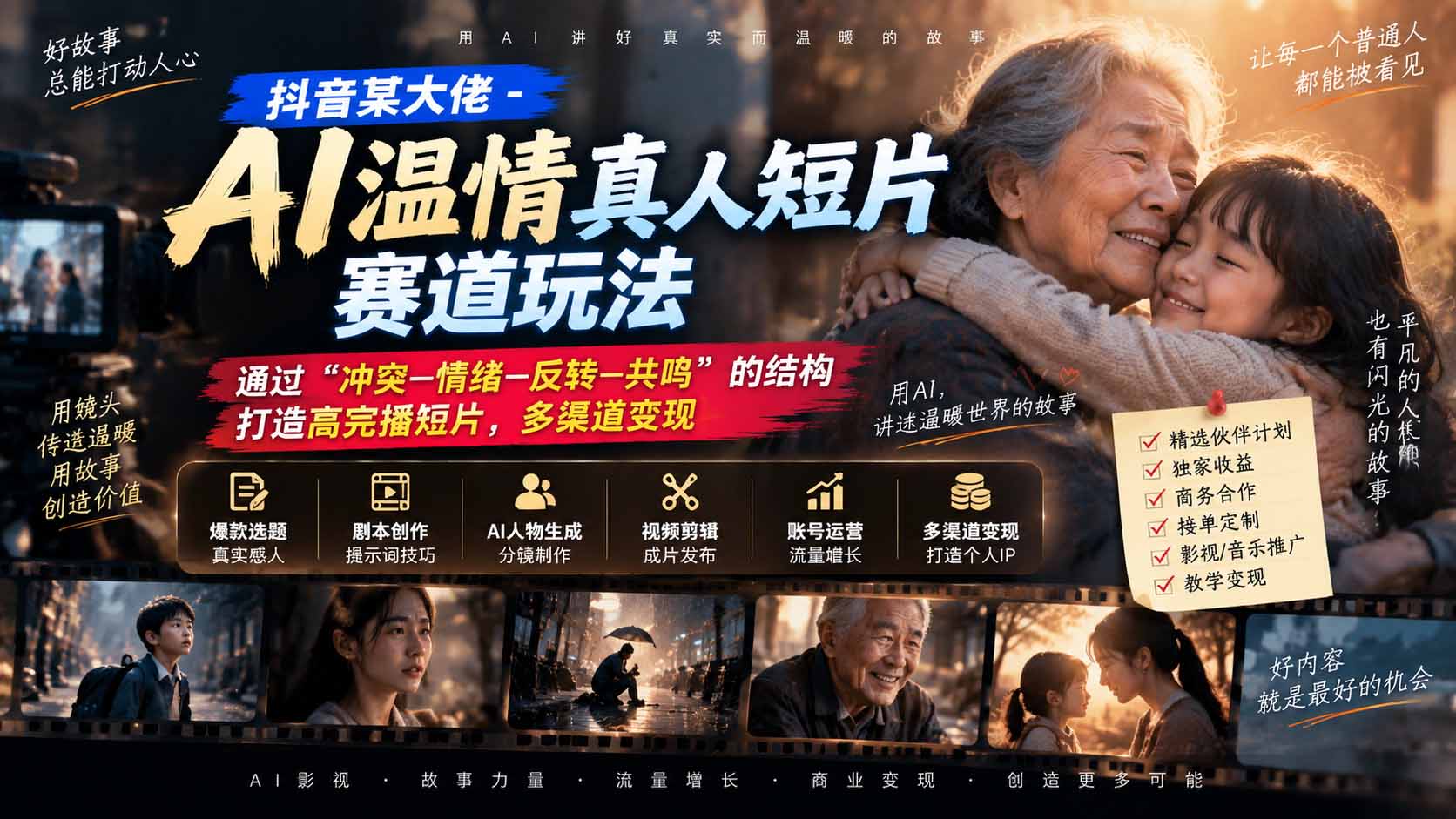 抖音某大佬-AI温情真人短片赛道玩法：通过“冲突—情绪—反转—共鸣”的结构打造高完播短片，多渠道变现-摇钱树