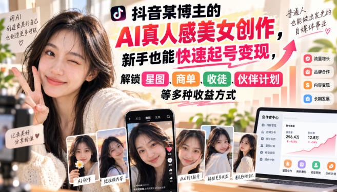 抖音某博主的AI真人感美女创作，新手也能快速起号变现，解锁星图，商单，收徒，伙伴计划等多种收益方式-摇钱树