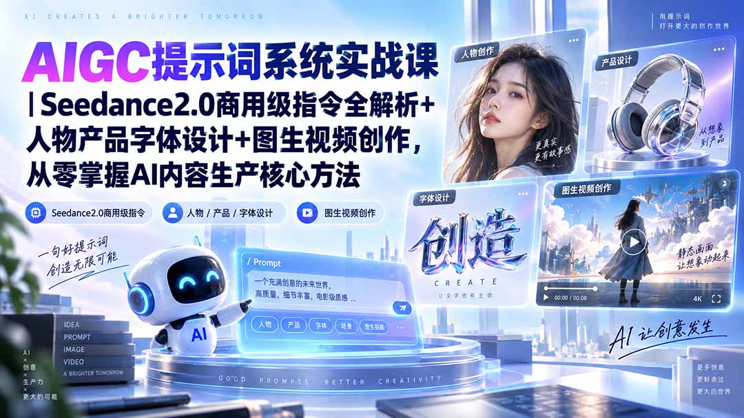 AIGC提示词系统实战课-无水印|Seedance2.0商用级指令全解析+人物产品字体设计+图生视频创作,掌握AI内容生产方法-超级个体网赚
