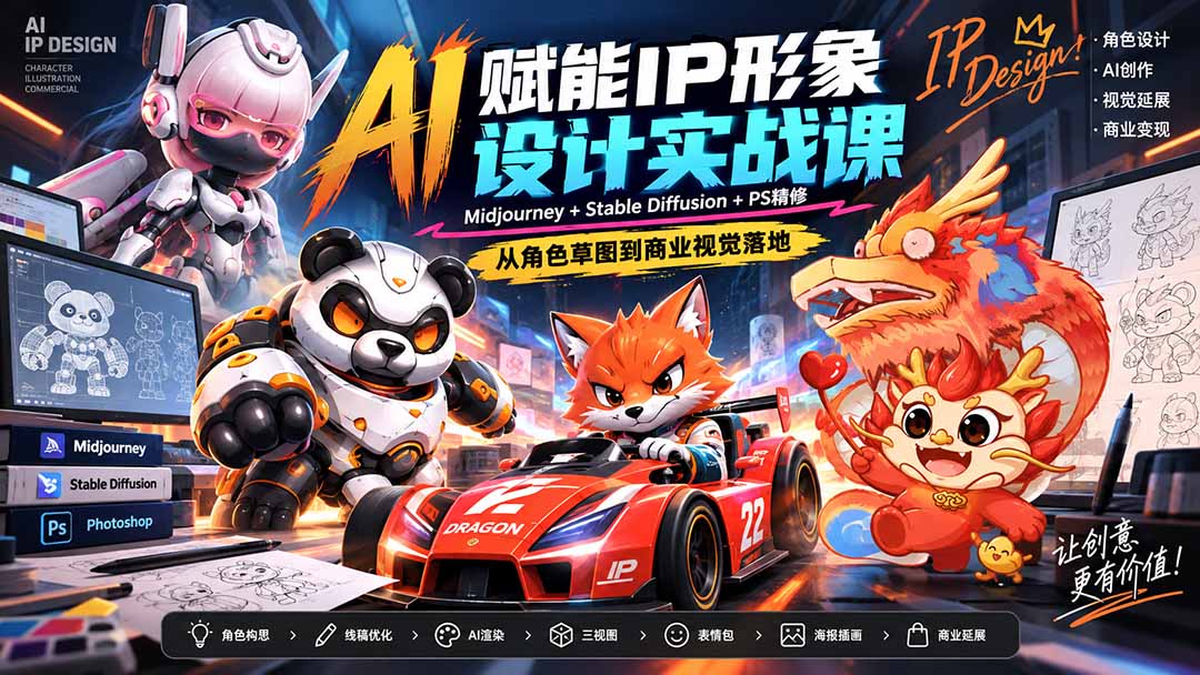 AI赋能IP形象设计实战课-无水印:Midjourney+Stable Diffusion+PS精修,从角色草图到商业视觉落地-摇钱树