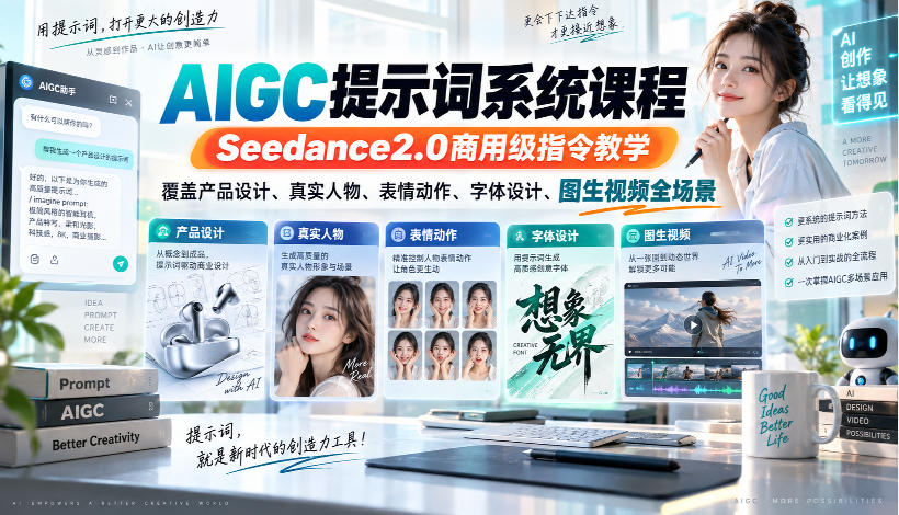AIGC提示词系统课程,Seedance2.0商用级指令教学,覆盖产品设计、真实人物、表情动作、字体设计、图生视频全场景-摇钱树