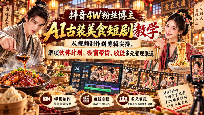 抖音4W粉丝博主AI古装美食短剧教学,从视频制作到剪辑实操,解锁伙伴计划、橱窗带货、收徒多元变现渠道-摇钱树