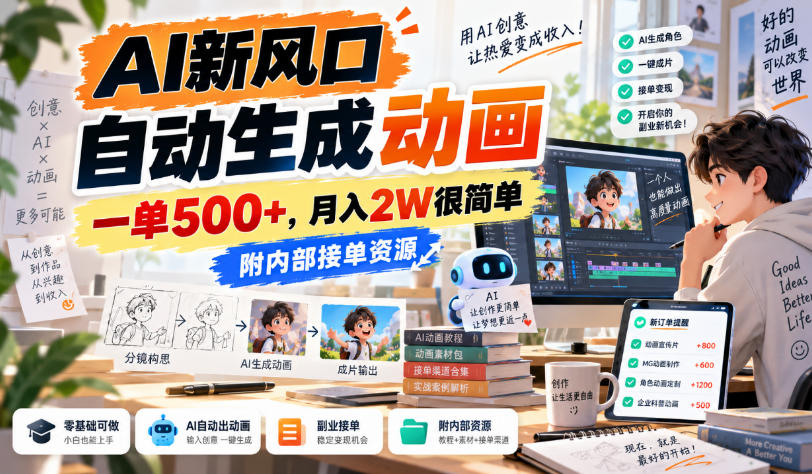 AI新风口,自动生成动画,一单500+,月入2W很简单,附内部接单资源【揭秘】-摇钱树