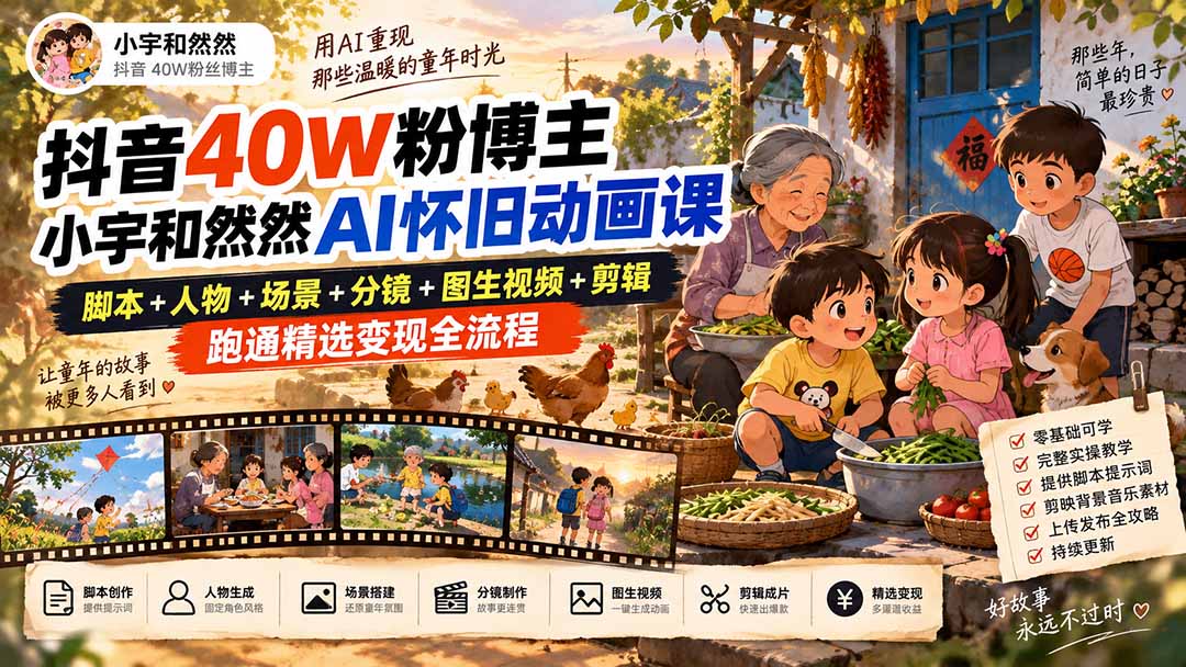 抖音40W粉博主小宇和然然AI怀旧动画课｜脚本+人物+场景+分镜+图生视频+剪辑，跑通精选变现全流程-摇钱树
