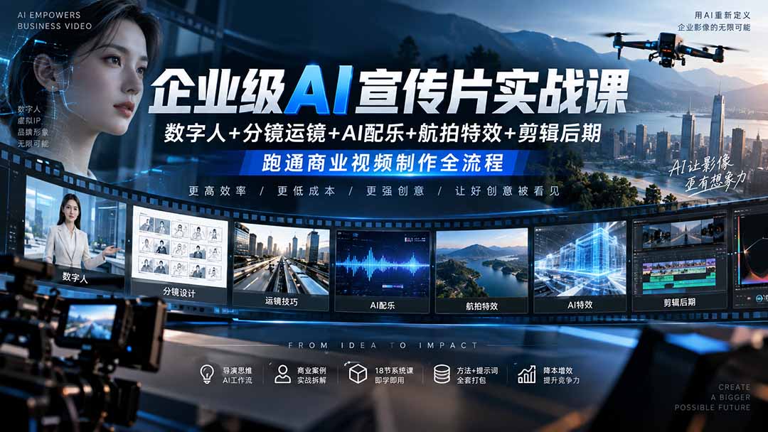 企业级AI宣传片实战课｜数字人+分镜运镜+AI配乐+航拍特效+剪辑后期，跑通商业视频制作全流程-摇钱树