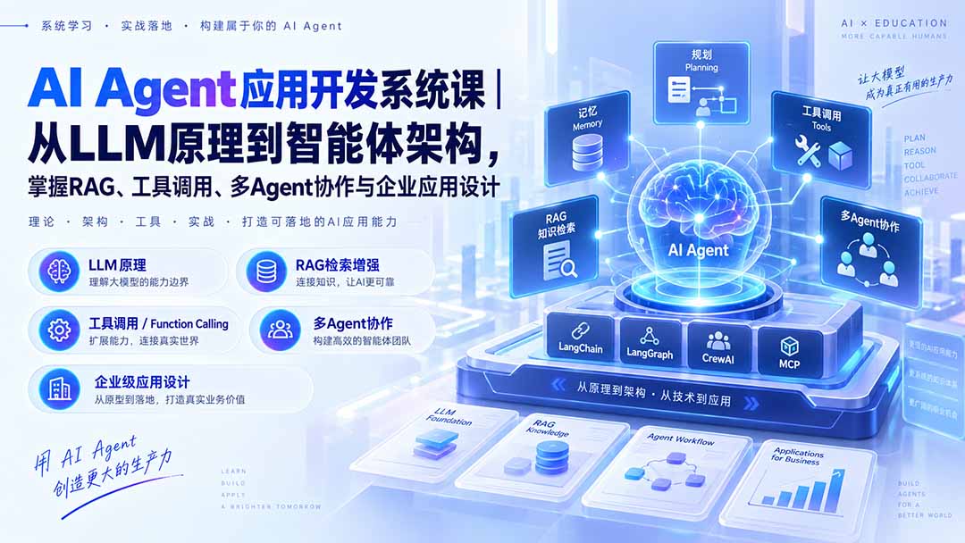AI Agent应用开发系统课-179节｜从LLM原理到智能体架构，掌握RAG、工具调用、多Agent协作与企业应用设计-摇钱树