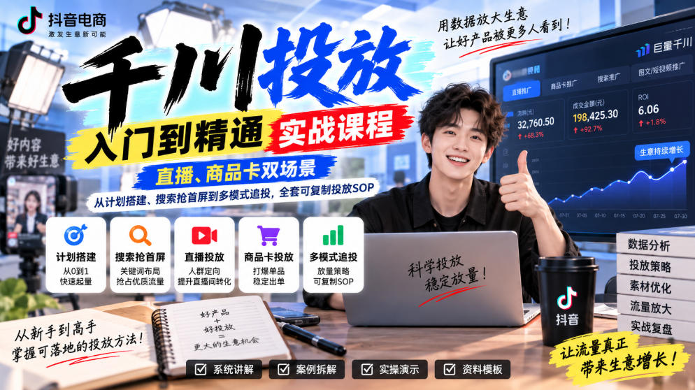 千川投放入门到精通实战课程，直播、商品卡双场景，从计划搭建、搜索抢首屏到多模式追投，全套可复制投放SOP-摇钱树