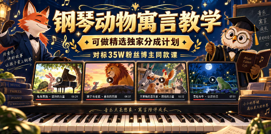 钢琴动物寓言教学，可做精选独家分成计划，对标35W粉丝博主同款课-摇钱树