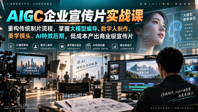 AIGC企业宣传片实战课，重构传统制片流程，掌握大模型编导、数字人制作、美学镜头、AI特效后期，低成本产出商业级宣传片-摇钱树