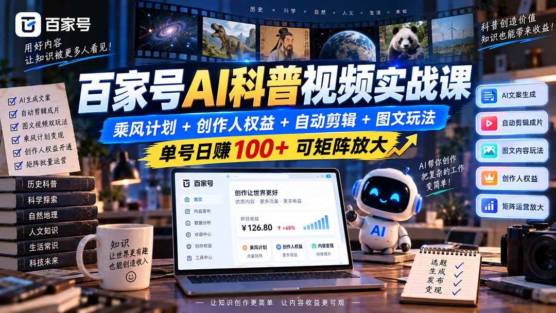 百家号AI科普视频实战课：乘风计划+创作人权益+自动剪辑+图文玩法，单号日赚100+可矩阵放大-摇钱树