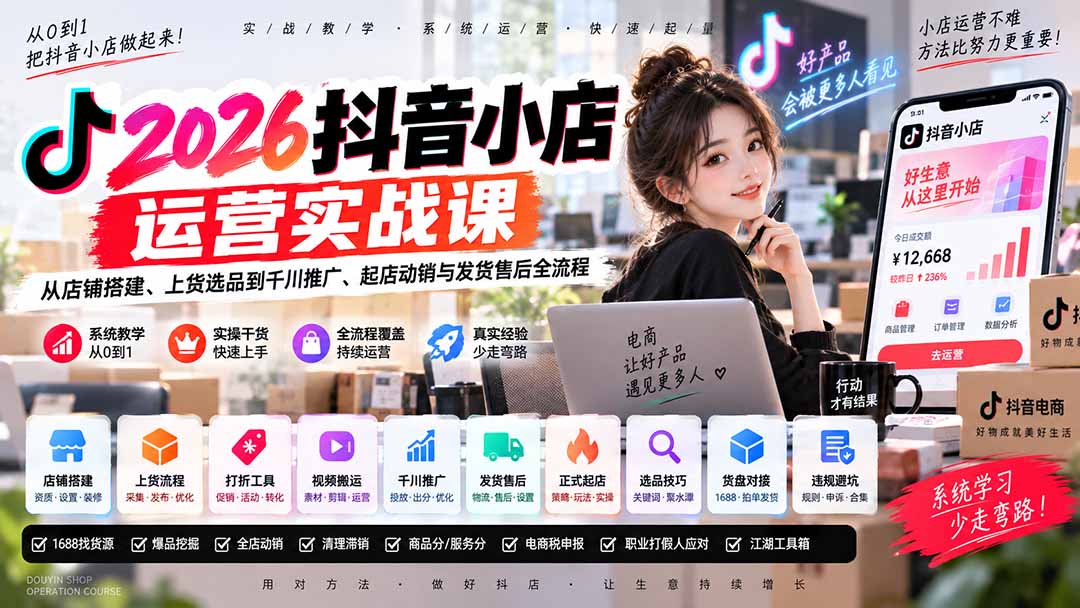 2026抖音小店运营实战课|从店铺搭建、上货选品到千川推广、起店动销与发货售后全流程-摇钱树
