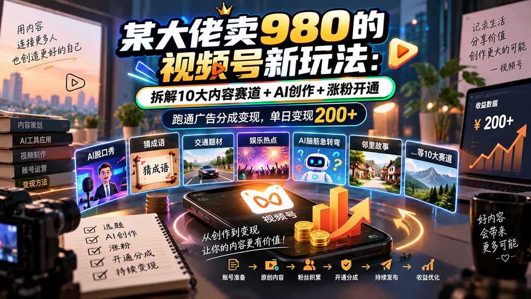 某大佬卖980的视频号新玩法:拆解10大内容赛道+AI创作+涨粉开通,跑通广告分成变现,单日变现200+-摇钱树