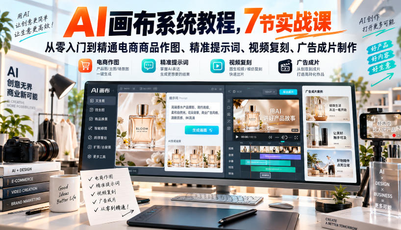 AI画布系统教程,7节实战课从零入门到精通电商商品作图、精准提示词、视频复刻、广告成片制作-摇钱树