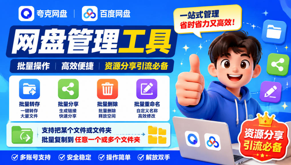夸克网盘批量文件重命名,批量转存、批量分享、批量复制,内置AI功能-摇钱树