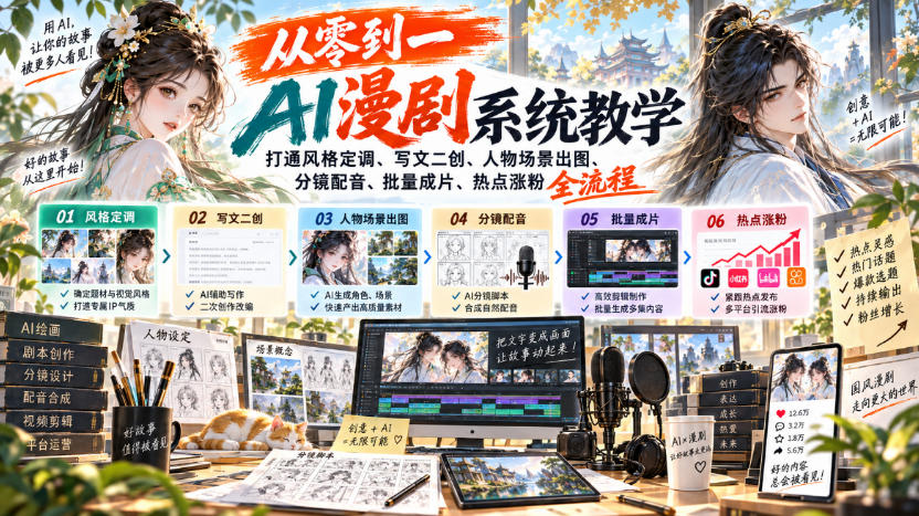 从零到一AI漫剧系统教学,打通风格定调、写文二创、人物场景出图、分镜配音、批量成片、热点涨粉全流程-摇钱树