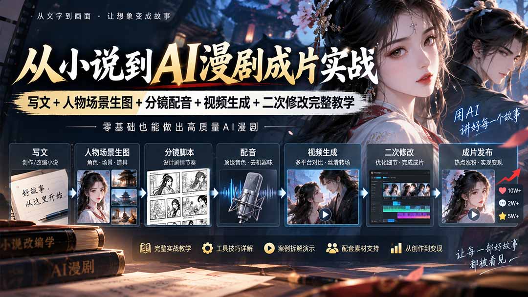 从小说到AI漫剧成片实战：写文+人物场景生图+分镜配音+视频生成+二次修改完整教学-摇钱树