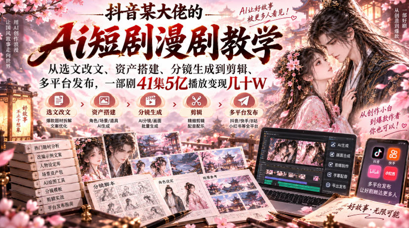 抖音某大佬的Ai短剧漫剧教学，从选文改文、资产搭建、分镜生成到剪辑、多平台发布，一部剧41集5亿播放变现几十W-摇钱树
