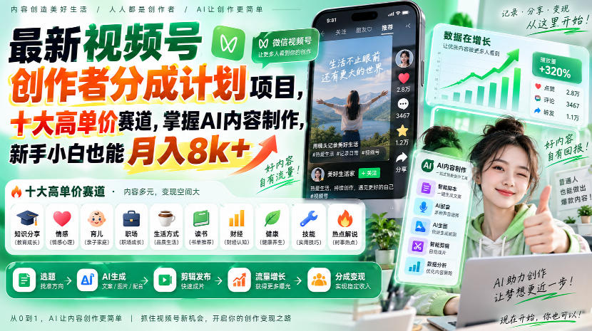 最新视频号创作者分成计划项目，十大高单价赛道，掌握AI内容制作，新手小白也能月入8k+-摇钱树