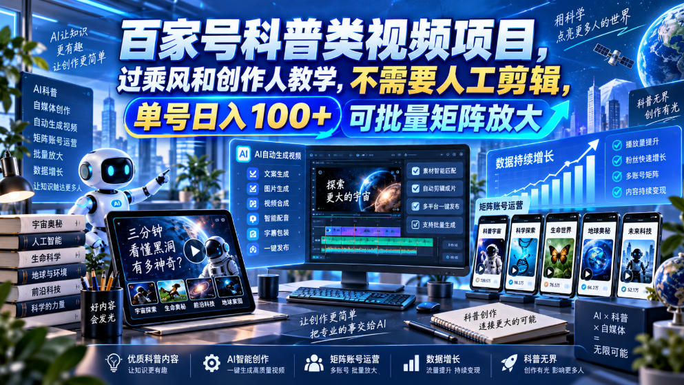 百家号科普类视频项目,过乘风和创作人教学,不需要人工剪辑,单号日入100+可批量矩阵放大-摇钱树