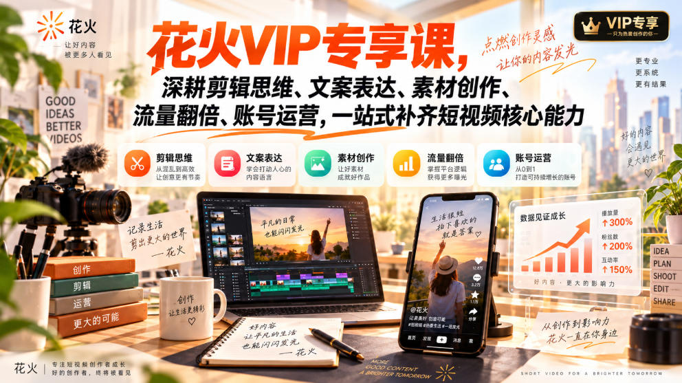 花火VIP专享课,深耕剪辑思维、文案表达、素材创作、流量翻倍、账号运营,一站式补齐短视频核心能力-摇钱树
