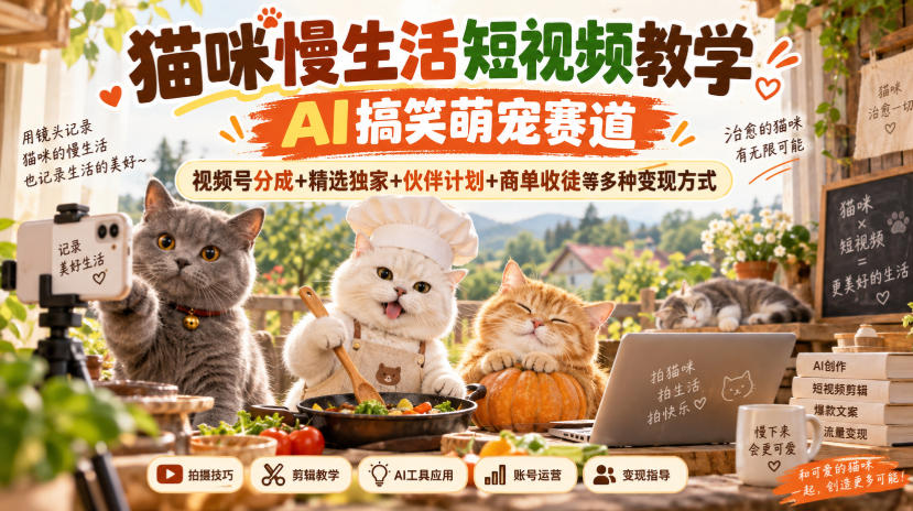 猫咪慢生活短视频教学,AI搞笑萌宠赛道,视频号分成+精选独家+伙伴计划+商单收徒等多种变现方式-摇钱树