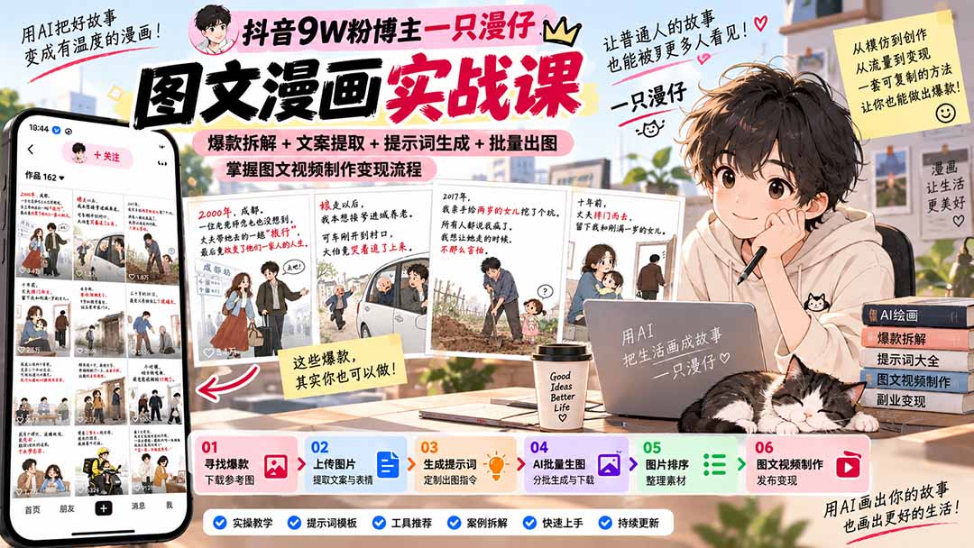 抖音9W粉博主一只漫仔图文漫画课:爆款拆解+文案提取+提示词生成+批量出图,掌握图文视频制作变现流程-摇钱树