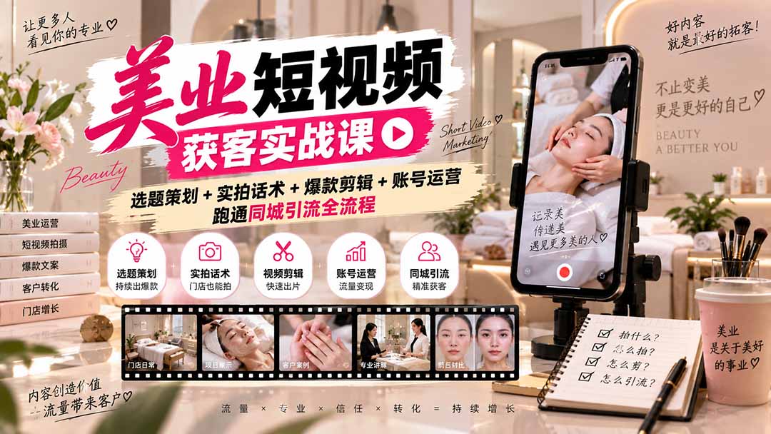 美业短视频获客实战课-无水印：选题策划+实拍话术+爆款剪辑+账号运营，跑通同城引流全流程-摇钱树