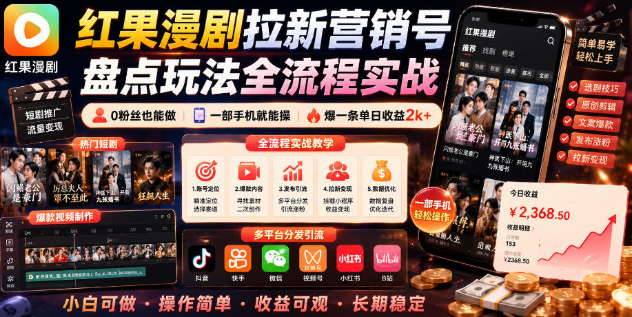 红果漫剧拉新营销号盘点玩法全流程实战,0粉丝也能做,一部手机就能做,爆一条单日收益2k+(更新0922)-摇钱树