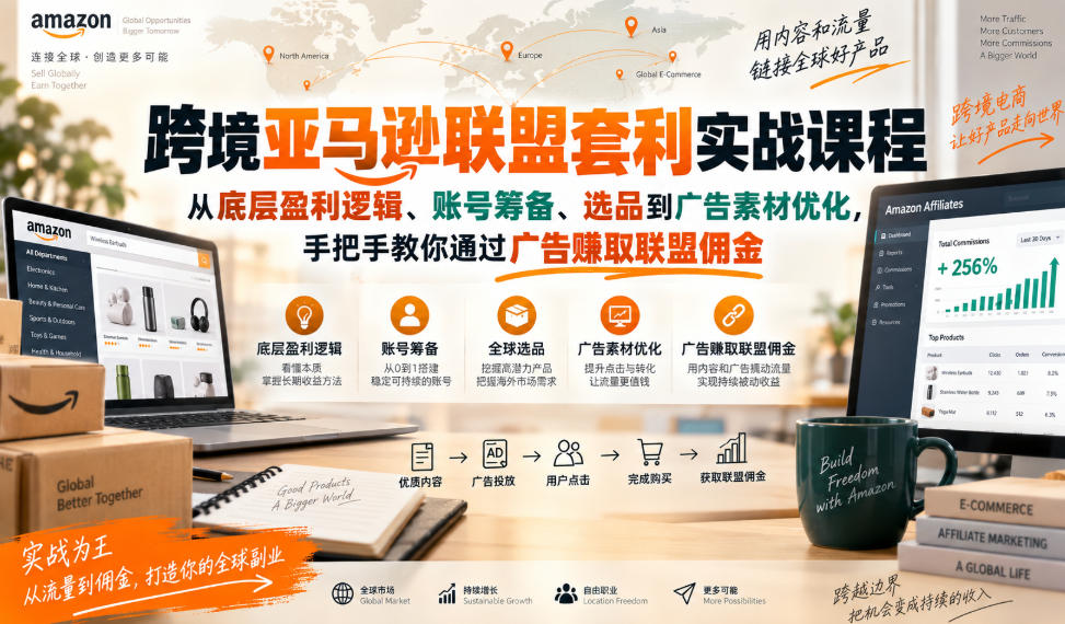 跨境亚马逊联盟套利实战课程,从底层盈利逻辑、账号筹备、选品到广告素材优化,手把手教你通过广告賺取联盟佣金-超级个体网赚