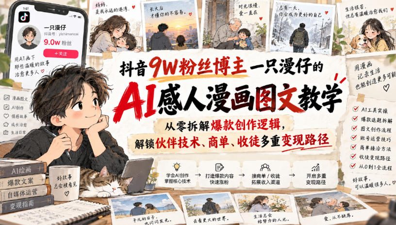 抖音9W粉丝博主一只漫仔的AI感人漫画图文教学,从零拆解爆款创作逻辑,解锁伙伴技术、商单、收徒多重变现路径-摇钱树