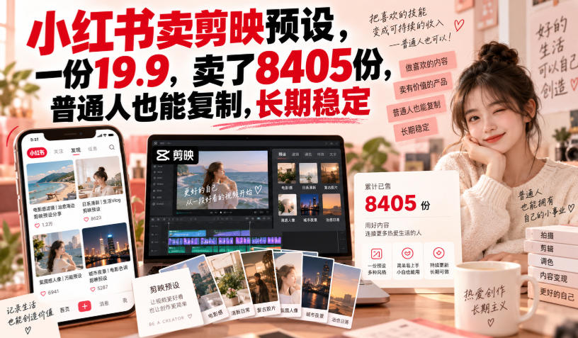 小红书卖剪映预设，一份19.9，卖了8405份，普通人也能复制，长期稳定-摇钱树