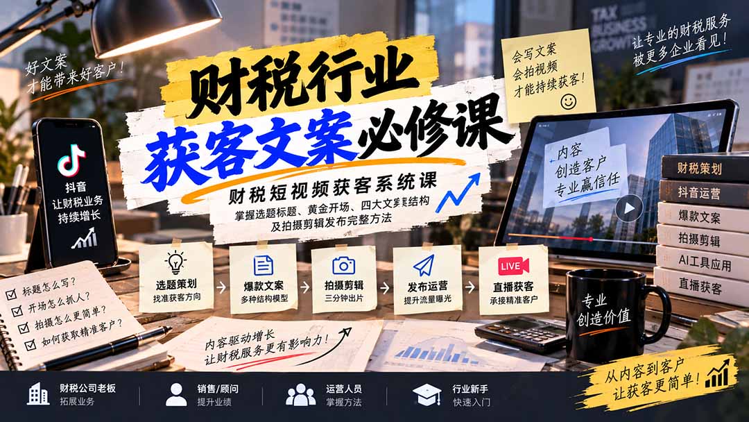 财税短视频获客系统课：掌握选题标题、黄金开场、四大文案结构及拍摄剪辑发布完整方法-摇钱树