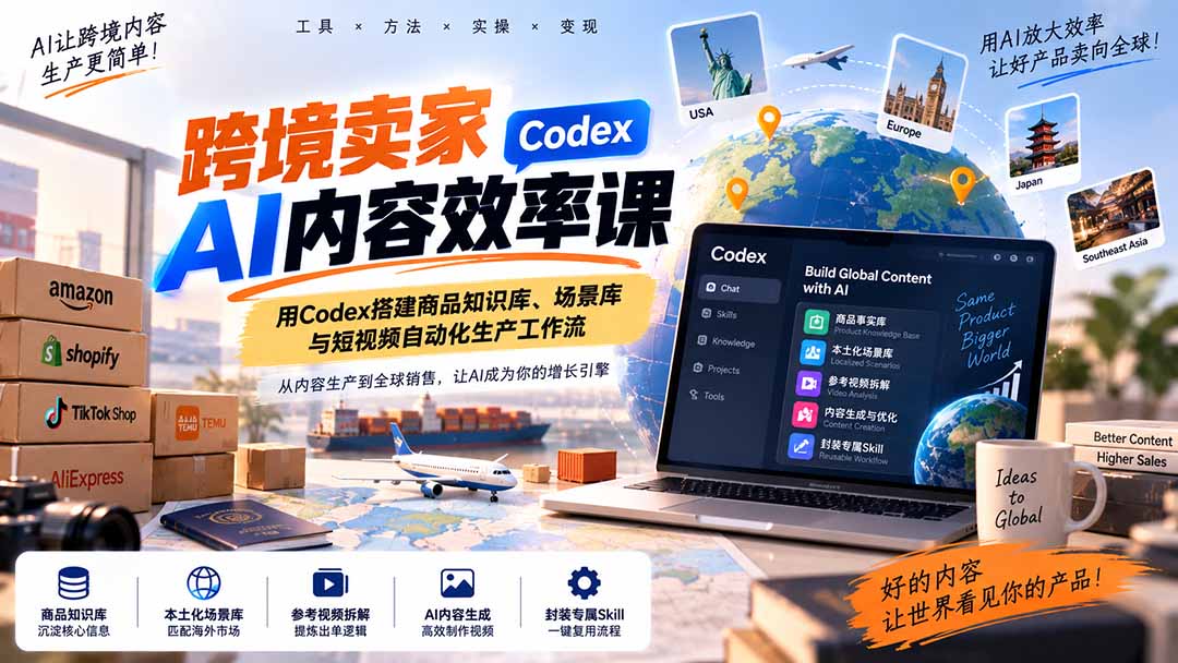 跨境卖家AI内容效率课：用Codex搭建商品知识库、场景库与短视频自动化生产工作流-摇钱树