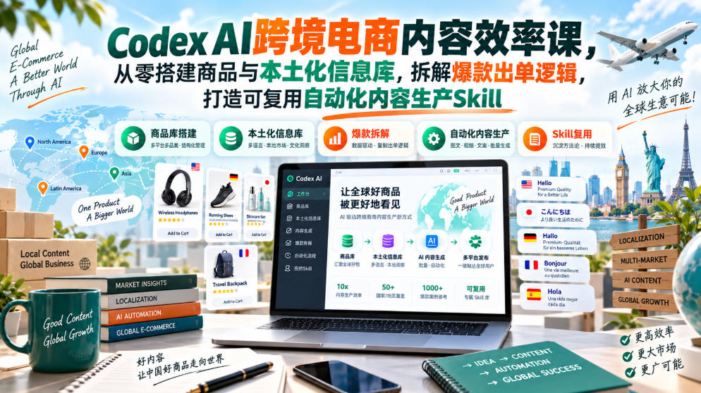 Codex AI跨境电商内容效率课，从零搭建商品与本土化信息库，拆解爆款出单逻辑，打造可复用自动化内容生产Skill-摇钱树