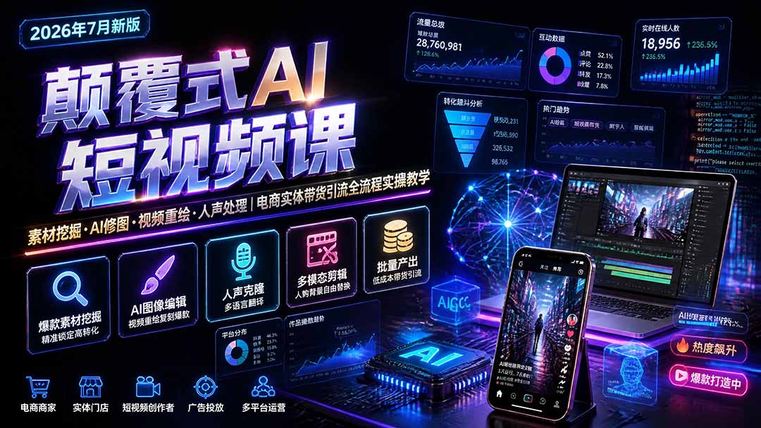 颠覆式AI短视频课-更新|素材挖掘,AI修图,视频重绘,人声处理|电商实体带货引流全流程实操教学-摇钱树
