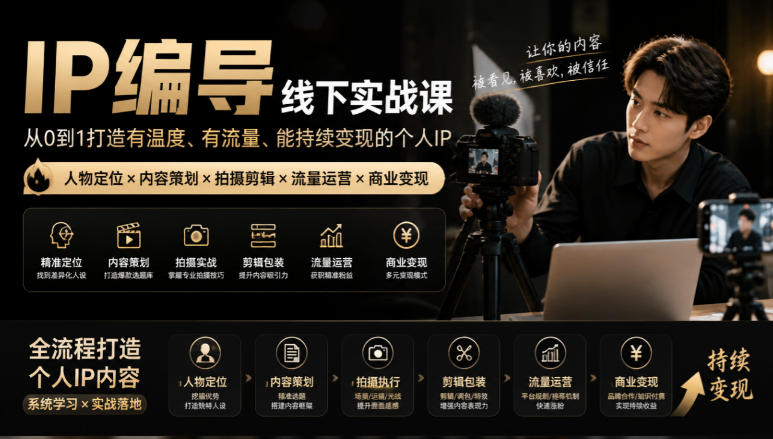 【无水印】IP编导线下实战课,从人物定位到短视频拍摄剪辑,全流程打造有温度、有流量、能持续变现的个人IP内容-摇钱树