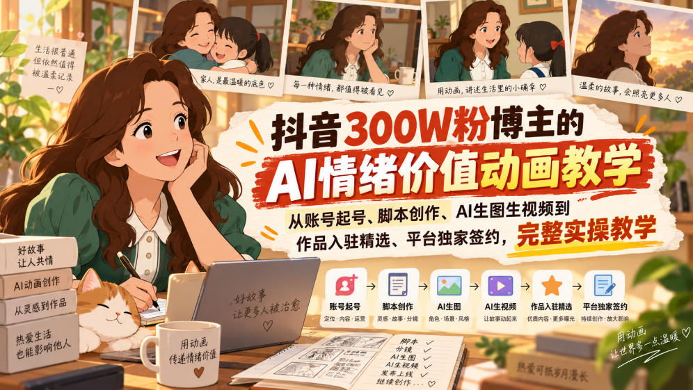 抖音300W粉博主的AI情绪价值动画教学，从账号起号、脚本创作、AI生图生视频到作品入驻精选、平台独家签约，完整实操-摇钱树