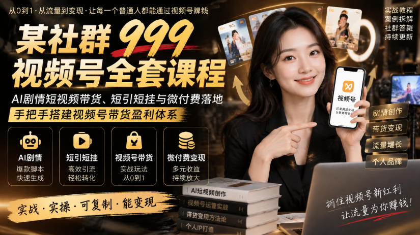 某社群999视频号全套课程，AI剧情短视频带货、短引短挂与微付费落地，手把手搭建视频号带货盈利体系-摇钱树